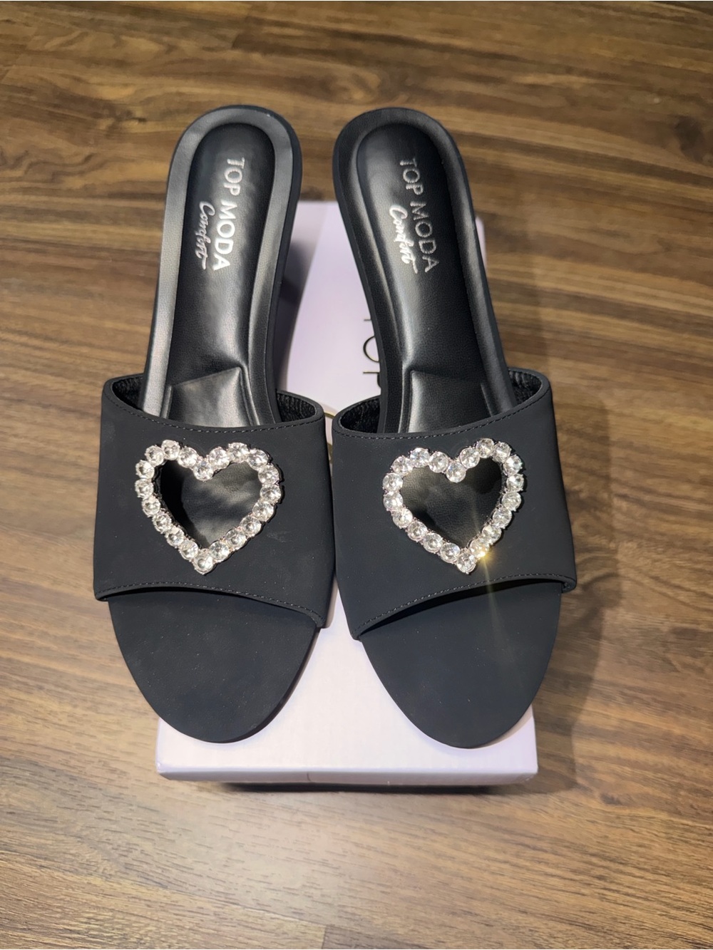 TOP Moda Black Slide Mules with Crystal Heart Accent